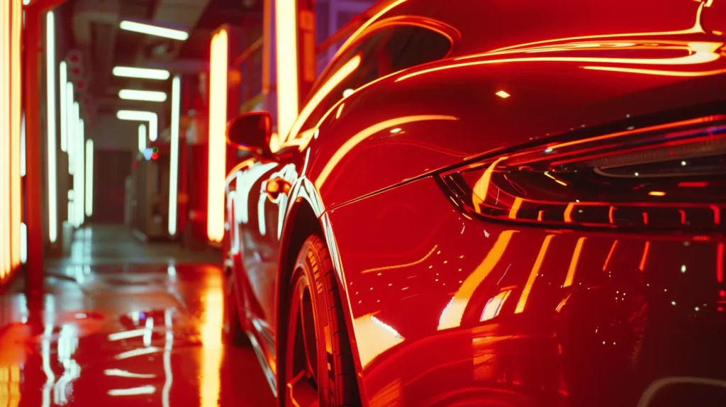 a skilled technician expertly utilizes specialized tools to manipulate the metal beneath a dent on a gleaming vehicle, showcasing the precision and artistry of paintless dent repair in a bright, well-lit garage setting.
